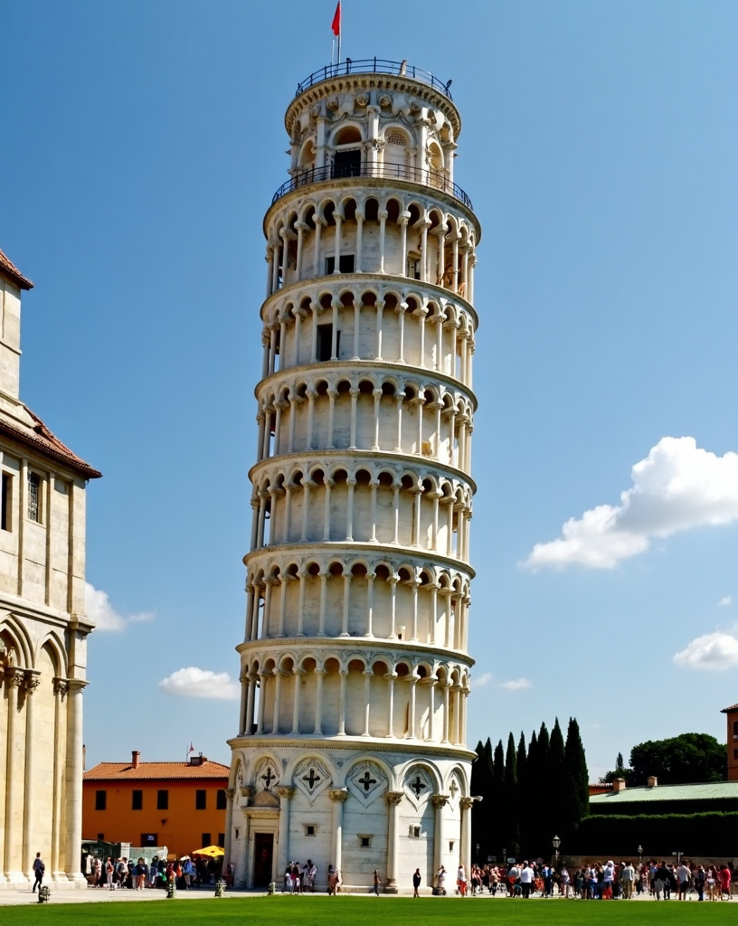 Prompt: The Leaning Tower of Pisa, Italy

The Leaning Tower of Pisa is a world-famous landmark known for its unintended tilt. Construction started in 1173 but halted after the third story was built due to the foundation settling unevenly on soft ground. That’s what caused the tower to lean. The delay from ongoing wars allowed the foundation to settle, preventing early collapse.

When construction resumed, engineer Giovanni di Simone's attempts to correct the lean by adding extra masonry only worsened it. The tower's lean continued to increase and reached 5.5 degrees by 1990. 

It major stabilization efforts and the site remained closed until 2001. The tower is now expected to remain stable for the next 200 years.