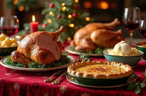 Prompt: (A festive Christmas dinner), beautifully arranged table setting, (luxurious) tablecloth, (rich red and green tones), (gold accents), delicious display of baked ham, golden roast turkey, creamy mashed potatoes, (variety of side dishes), decadent apple pie with a scoop of ice cream, warm ambiance, soft candlelight, (4K ultra-detailed) festive atmosphere, sprigs of holly decorating the table, inviting and joyful celebration.