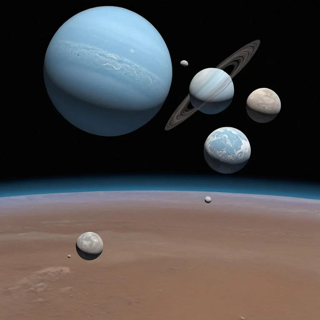 Prompt: A deep space mission to Beta Gama 5 is in orbit around the third planet. The atmosphere is a light blue with clouds much like back on earth. There's two continental shapes in the oceans that cover 80 percent of the surface. The three moons race around the world every week. 