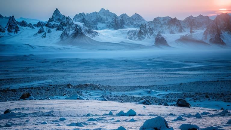 Prompt: The sun rises over the alien distant mountains. They are much like those back on earth. They have snow-capped peaks, but they are covered by methane snow. Rivers of liquid nitrogen flow into oceans of crystal clear blue liquid nitrogen. The light from the distant sun is dim but still beautiful. From the spaceship camera we are watching the beautiful sunrise on Europa moon of Jupiter in and color. 