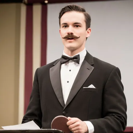 Prompt: A man dressed in a formal tuxedo speaking at the Toastmasters International Speech Contest. He has a neatly trimmed mustache and well trimmed short hair. He is holding the microphone in his right hand. 