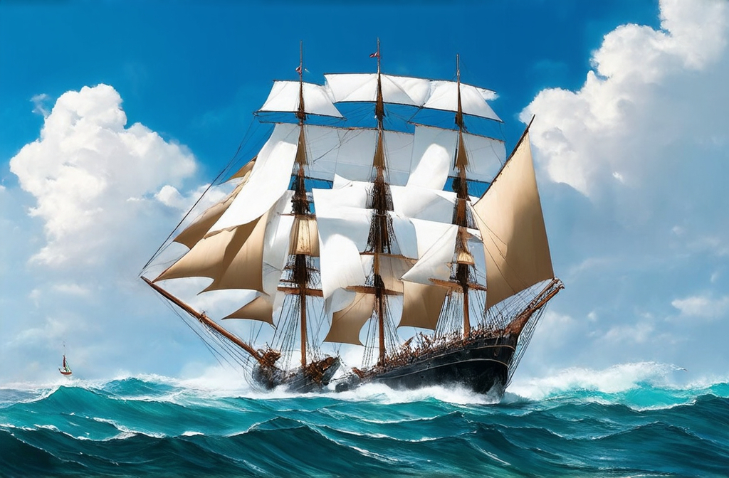 Prompt: A thrilling nautical adventure: A glossy black-hulled, three-masted racing vessel at top speed, sails taut and billowing. Cutting through dramatic blue waves, sea spray kicked up by the wind. Above, a bright blue sky is streaked with dramatic cloud formations. The ship leads the race by three quarters of a mile, evoking a cinematic atmosphere of epic adventure.