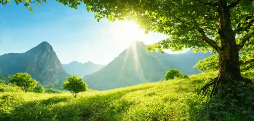 Prompt: (Nature is my religion), serene landscape, lush greenery, breathtaking mountains, golden sun rays filtering through leaves, tranquil atmosphere, vibrant flora and fauna, symbol of unity and harmony, soft breeze, (Mother Earth as a sanctuary), intertwined roots of trees, clear blue sky, peaceful vibe, emotional connection with nature, ultra-detailed, HD quality.