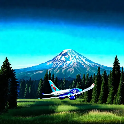 Prompt: Highly detailed, photorealistic wide-angle shot of a classic Boeing 737 flying over the Cascade mountains, Mount Rainier in the background, realistic landscape, detailed aircraft design, professional paint job, realistic reflections, scenic view, clear skies, sunny weather, best quality, ultra-detailed, photorealistic, wide-angle, classic aircraft, detailed mountains, professional, clear skies