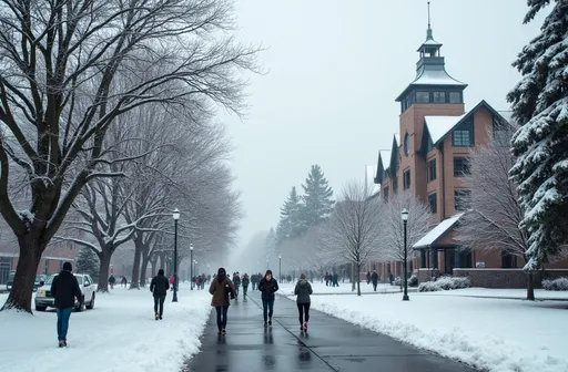 Prompt: (Central Washington University campus during a winter storm), (freezing temperatures), (high winds), weather advisories, students bundled in warm winter clothing, frost on buildings, bare trees swaying in the wind, cloudy sky, muted colors, chilly ambiance, a sense of precaution and safety, winter scenery, photographic realism, (high detail), ultra-detailed 4K resolution.