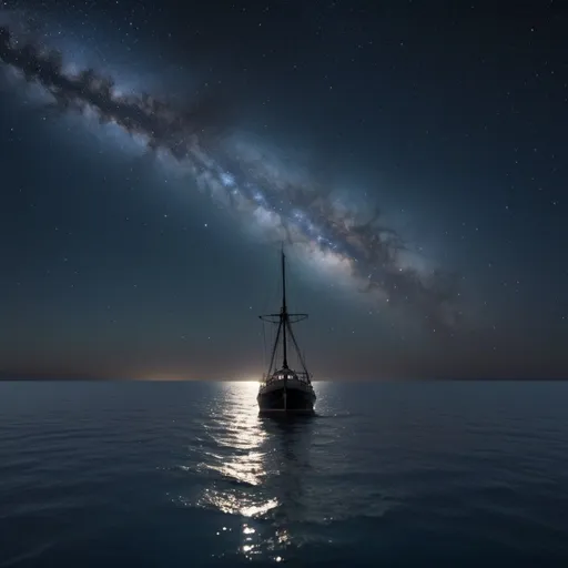 Prompt: Standing on the Fo'c's'le of my ship at midnight on a clear, calm, moonless night. The surface of the sea is smooth as glass. The arch of the Milky Way goes from horizon to horizon. The stars are reflected on the surface of the water. I see stars in every direction I look. It is as if I am in deep space.