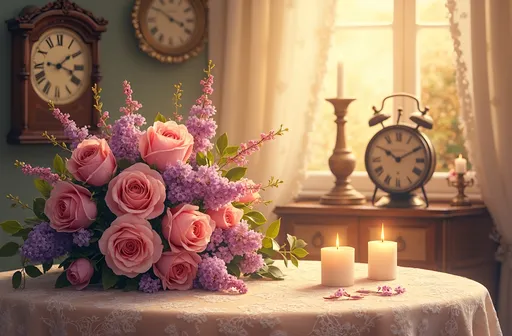 Prompt: A romantic scene celebrating 50 years of marriage, featuring an elegant vintage setting with warm, golden lighting that creates a nostalgic glow. A beautifully arranged bouquet of roses and lilacs rests on a softly lit table adorned with lace. In the background, a classic clock shows the passage of time, while delicate candles flicker, casting gentle shadows. The scene exudes intimacy and timeless love, captured in a dreamy watercolor illustration style that emphasizes warmth, sentimentality, and the beauty of enduring commitment.