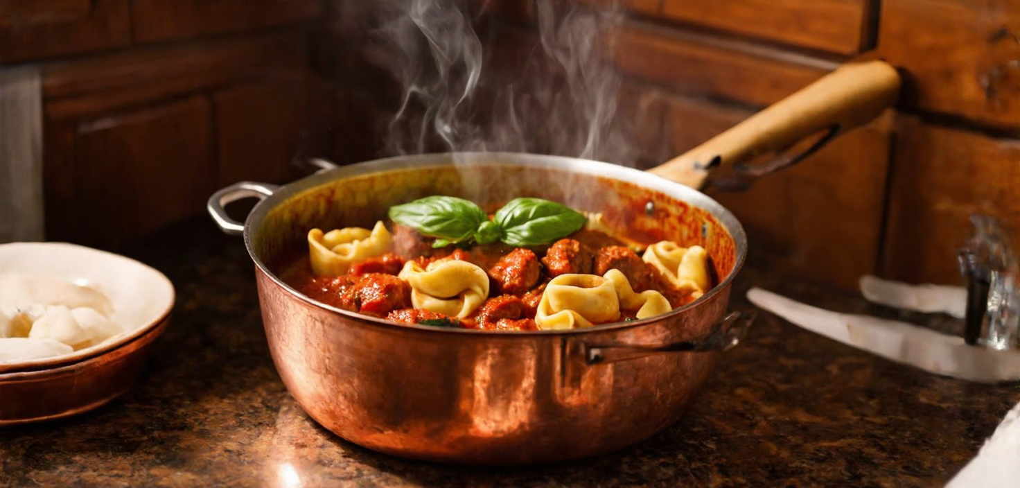 Prompt: After a relaxing bath, step into a cozy, dimly lit kitchen. A gleaming copper pot simmers on the stove, filled with fragrant tortellini and savory Italian sausage. The pasta is bathed in a rich, tomato-based sauce, with fresh basil leaves scattered on top. Steam gently rises, carrying the mouthwatering aroma throughout the room. The warm, inviting scene is perfect for a comforting post-bath meal.