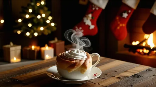 Prompt: (cozy nook), wooden table, steaming mug of hot cocoa (topped with fluffy whipped cream), freshly baked cinnamon roll (rich and inviting), crackling fireplace (warm ambiance), Christmas stockings hanging from the mantle (holiday spirit), warm lighting, soft textures, festive decorations, ultra-detailed, HD, inviting atmosphere, tranquil Christmas setting.