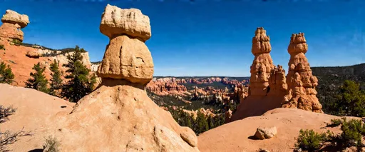 Prompt: Thor's Hammer is one prominent example of a distinctive rock formation, known as a hoodoo, that naturally occurs in arid basins and badlands. There are thousands of hoodoos in Bryce Canyon. Also called fairy chimneys and earth pyramids, they're comparable to totem poles, spires, or natural skyscrapers. Sedimentary and volcanic rock eroded over millennia due to freezing and thawing patterns, eventually leaving behind these remarkable structures. Humans have always placed spiritual significance on these hoodoos. Native American legends, for example, state that hoodoos are the petrified remains of sinful ancient beings.