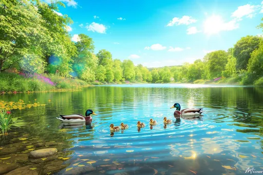 Prompt: A serene lakeside scene unfolds under a clear blue sky, where the gentle sunlight dances on the surface of the shimmering water. Vibrant greens of surrounding foliage create a lush backdrop, while bursts of wildflowers along the banks add splashes of color to the landscape. A small family of mallard ducks glides gracefully through the tranquil lake, their iridescent feathers glinting in hues of emerald and bronze. The mother leads her ducklings, which trail behind her in a perfect line, their tiny bodies bobbing playfully in the rippling water. The overall atmosphere feels fresh and lively, exuding warmth and tranquility, making it perfect for an ad-style presentation. The scene captures the essence of nature in a joyful and vivid manner, ideal for a bright, hyper-realistic illustration.