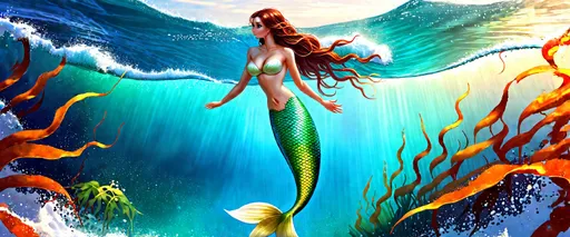 Prompt: Beautiful mermaid enjoying the ocean waves, shimmering scales, flowing seaweed in the background, warm and inviting sunlight, high quality, digital painting, realistic, vibrant colors, underwater fantasy, peaceful atmosphere, detailed tail, long flowing hair, serene expression, sunlight filtering through water, ethereal, colorful, detailed seaweed, gentle waves