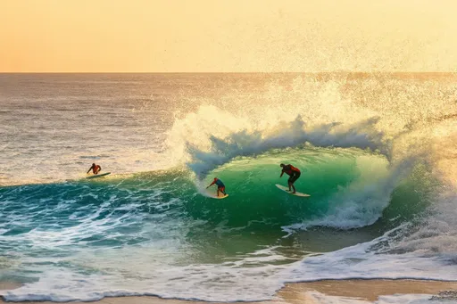 Prompt: Envision a sun-drenched ocean beach at golden hour, where the waves rise majestically, shimmering with shades of turquoise and frothy white. Surfers twist and skillfully maneuver atop the crest of a colossal wave, their vibrant boards splashing water in a glorious display. The sky is painted in hues of orange and soft pink, casting a warm glow across the beach, where a few spectators are gathered, silhouetted against the fading light. Sea birds glide effortlessly above, while the salty breeze tousles the surfers' hair, creating a sense of exhilaration. The scene is alive with energy, capturing the thrill of the ocean's power, rendered in a cinematic, photorealistic style that immerses the viewer in the moment.