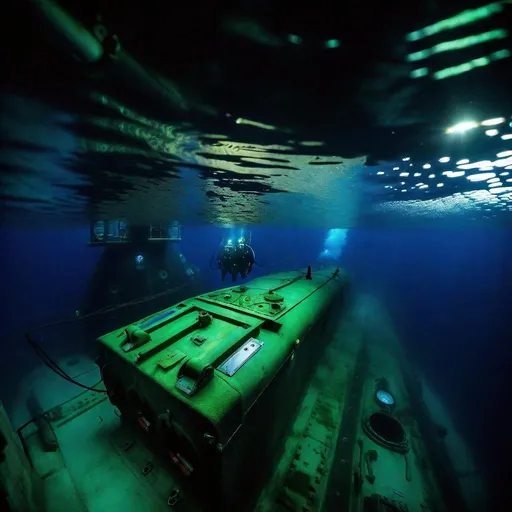 Prompt: Marianas Trench being studied by the Trieste submarine. Wide angle view of the Trieste 15 meters above the floor of the trench. Fantastic marine species swimming in the observation lights of the submarine. 