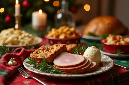 Prompt: (A festive Christmas dinner), beautifully arranged table setting, (luxurious) tablecloth, (rich red and green tones), (gold accents), delicious display of baked ham, golden roast turkey, creamy mashed potatoes, (variety of side dishes), decadent apple pie with a scoop of ice cream, warm ambiance, soft candlelight, (4K ultra-detailed) festive atmosphere, sprigs of holly decorating the table, inviting and joyful celebration.