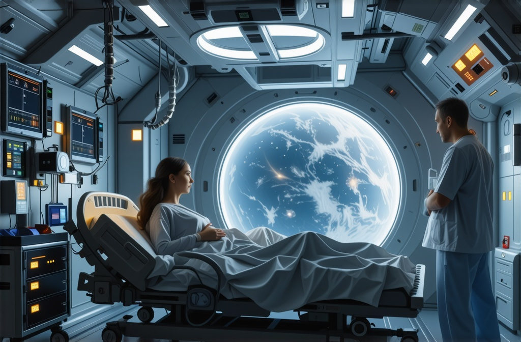 Prompt: (ultra-detailed) orbiting research station, medical bay, (futuristic design), advanced technology, neon accents, calm atmosphere, bright, sterile lighting, pregnant woman in a hospital bed, attentive doctor and nurses, emotional moments of the delivery, sleek medical equipment, backdrop of a beautiful view of space, stars twinkling outside the window, high quality, cinematic feel.