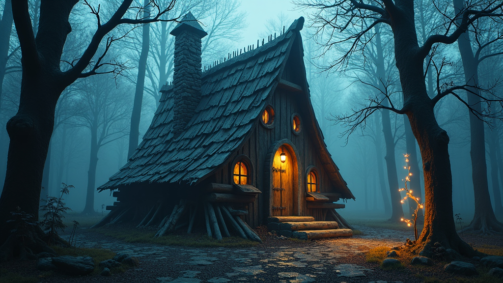 Prompt: (Baba Yaga), an old witch residing in a mystical forest. A whimsical hut on chicken legs, lifelike and sturdy, surrounded by shadowy, towering trees, and glowing wisps. The atmosphere feels mysterious and eerily enchanting, with cool, dim lighting enhancing the enchanting tones. Intricate details in the hut’s design showcase aged wood and rustic charm, set against a vivid, atmospheric background. (ultra-detailed) and (4K).