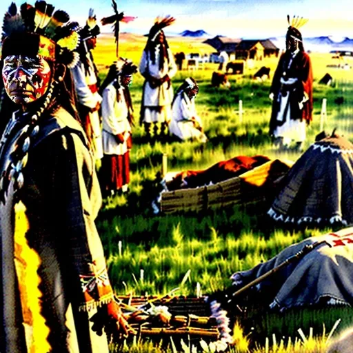 Prompt: Photorealistic depiction of the burial of the Lakota killed at Wounded Knee, somber atmosphere, dusty earth and grass, traditional clothing and headdresses, solemn faces, poignant expressions, historical accuracy, high detail, photorealism, mass burial, historical, somber tones, realistic lighting