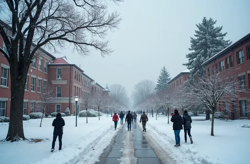 Prompt: (Central Washington University campus during a winter storm), (freezing temperatures), (high winds), weather advisories, students bundled in warm winter clothing, frost on buildings, bare trees swaying in the wind, cloudy sky, muted colors, chilly ambiance, a sense of precaution and safety, winter scenery, photographic realism, (high detail), ultra-detailed 4K resolution.