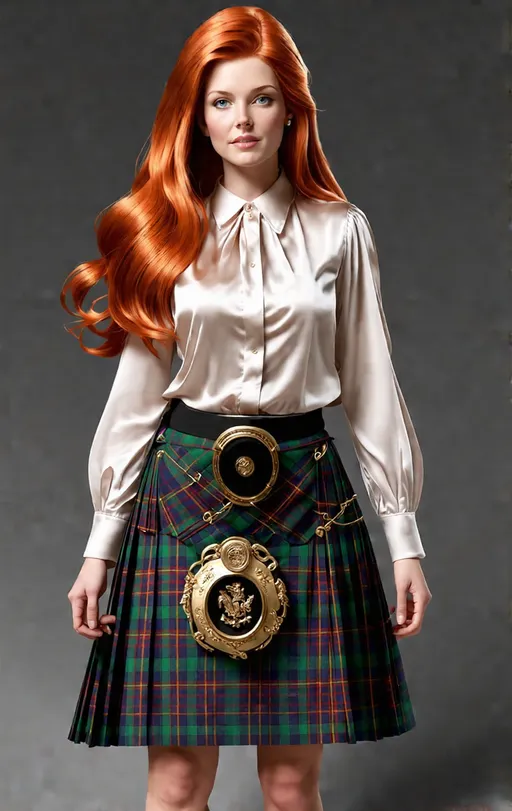 Prompt: photorealistic, (vibrant color scheme), Scottish woman, wearing a (traditional Scottish kilt) with intricate details, (white silk blouse), long (ginger red hair), softly lit, capturing a refined and sophisticated ambiance, ultra-detailed, focus on textures and interplay of fabrics, HD, dynamic lighting, evocative atmosphere, expressive elegance.