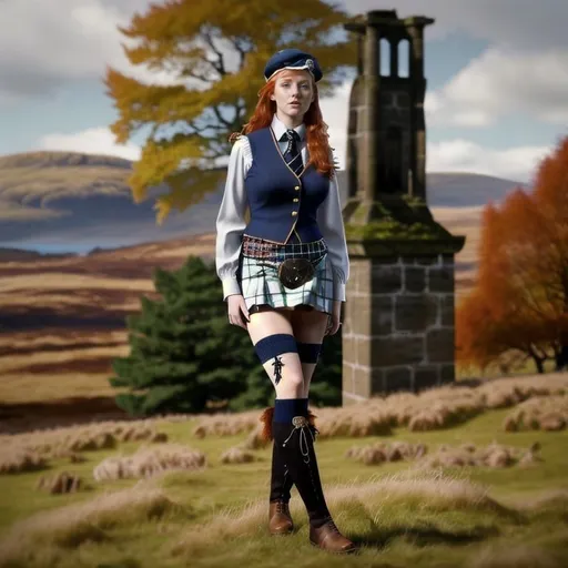 Prompt: Scottish lassie wearing formal Scottish Kilt. Ginger hair, freckles, blue eyes, White silk blouse, Scottish Tartan knee high stockings, 
brown leather boots, Scottish cap on her head. 
Full height head to toe, Centered ,extremely detailed CG unity 8k wallpaper,full body,From front,Full body,Wide shot 