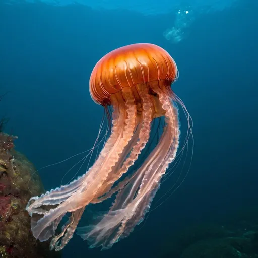 Prompt: The lion's mane jellyfish (Cyanea capillata ) is the largest among the jelly species.
1. The lion’s mane jellyfish is one of the largest jelly species in the world, growing to an average length of 1.5 feet (40 cm), but can reach lengths of 6.5 feet (200 cm).
2. The lion’s mane jellyfish is named after its “mane” of long, hair-like tentacles hanging from its bell.
3. A lion’s mane jellyfish has up to 1,200 tentacles divided into eight clusters.
4. Lion’s mane jellyfish hunt by extending their tentacles outward and creating a trap that captures prey like fish and crustaceans.1
5. The largest lion’s many jellyfish ever recorded was 120 feet (36.5 m) long.
6. The lion’s mane jellyfish delivers a powerful sting that can be very painful to humans.