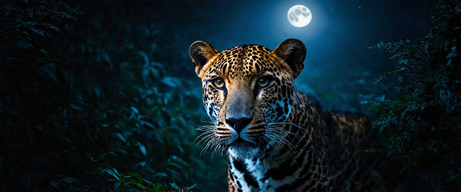 Prompt: (elusive melanistic leopard under the moonlit sky), rosettes shimmering like stars on velvet, breathtaking moment, clear night sky, bright full moon, stars twinkling, midnight blue color tones, ethereal lighting, serene and magical atmosphere, dense jungle background, detailed foliage, high contrast between light and shadow, ultra-detailed, 4K, cinematic masterpiece.