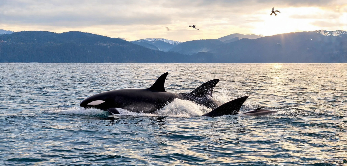 Prompt: Embark on a tranquil British Columbia sea cruise, the sun casting golden hues over the water. Observe majestic orcas and playful humpback whales as they breach the surface, their powerful fins slicing through the waves. Seabirds soar above, while dolphins race alongside the boat, their smiles infectious. A perfect blend of nature's grandeur and peaceful serenity.