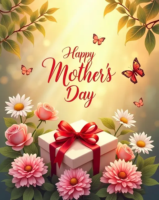Prompt: Create a vibrant Mother's Day card design that radiates warmth and affection, utilizing a rich, sunny color palette featuring soft pinks, gentle yellows, and lush greens. The scene includes a beautifully wrapped gift, adorned with a fiery red ribbon, nestled among a bouquet of blooming flowers, such as daisies and roses, that symbolize love and appreciation. In the background, rays of golden sunlight filter through leafy branches, casting a gentle glow that highlights the card’s heartwarming message, “Happy Mother’s Day.” The text is elegantly scripted, conveying tenderness and joy. Incorporate elements like butterflies fluttering nearby, adding a touch of whimsy, while the overall composition exudes a nostalgic, inviting atmosphere, reminiscent of cherished family moments. Suggest a dreamy watercolor illustration style for a personal touch.