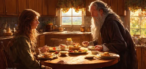 Prompt: (Bilbo Baggins' home), cozy kitchen setting, warm lighting, round wooden table, (Gandalf the Gray), (first breakfast), hearty meals, whimsical ambiance, lush knoll backdrop, rustic decor, enchanting details, comfortable atmosphere, expressive facial features, animated conversation, ultra-detailed, magical essence, adventure foreshadowing, dreamy joyfulness, storybook illustration.