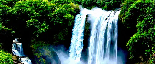 Prompt: Pailón del Diablo Waterfall, Tungurahua, Ecuador

The Pailon del Diablo waterfall, or "Devil's Cauldron", is one of the most powerful waterfalls in Ecuador, about 80 meters high. Up to 500 liters of water pass through it every second, creating a deafening noise and an impressive sight. The waterfall is located near the town of Baños and is surrounded by tropical forests. Visitors can walk across suspension bridges and down staircases to experience the power of the falls up close.