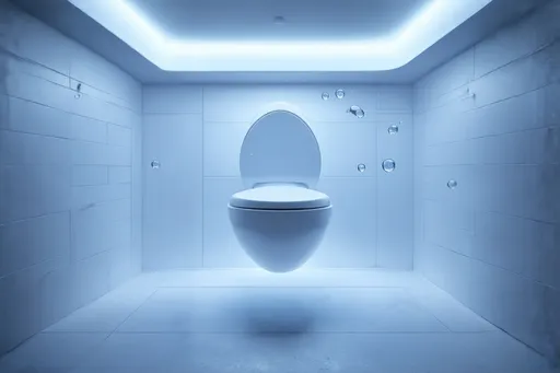 Prompt: A futuristic interstellar bathroom! A weightless white room, illuminated by soft blue gravity-free lights. A unique zero-gravity potty floats in the center, looking like an astronaut's dream toilet - sleek, round, and equipped with special suction to keep users securely in place. Delicate water droplets form tiny floating orbs around it, adding a touch of serenity to this unusual space.