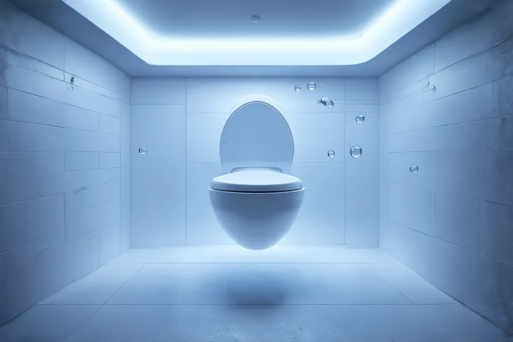 Prompt: A futuristic interstellar bathroom! A weightless white room, illuminated by soft blue gravity-free lights. A unique zero-gravity potty floats in the center, looking like an astronaut's dream toilet - sleek, round, and equipped with special suction to keep users securely in place. Delicate water droplets form tiny floating orbs around it, adding a touch of serenity to this unusual space.