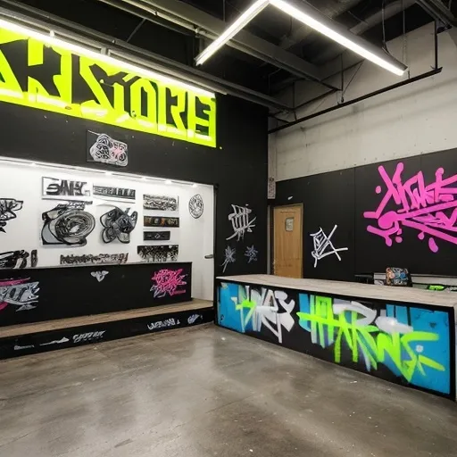 Prompt: Create an innovative skate shop with a modern, urban vibe. It features glass walls, graffiti murals, and skateboard decks displayed alongside streetwear like hoodies and caps. The design blends neon accents with industrial elements like concrete and metal. A small indoor ramp invites customers to try boards, while LED lighting highlights products. Outside, skaters gather near the logo, customizing boards and chatting. The shop feels energetic, futuristic, and community-driven.