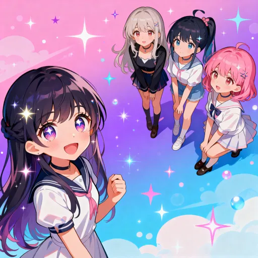 Prompt: I'm doing a narrative called the way to a surprise for a front cover and make one cute anime girl on one side and 3 anime girls one the other .Also make it like a nice colourful background