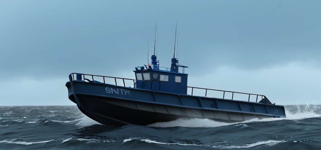 Prompt: Male this blue landing craft driving in a rough sea and make the front of the boat a bow ramp make the boat exactly like it dont change snth