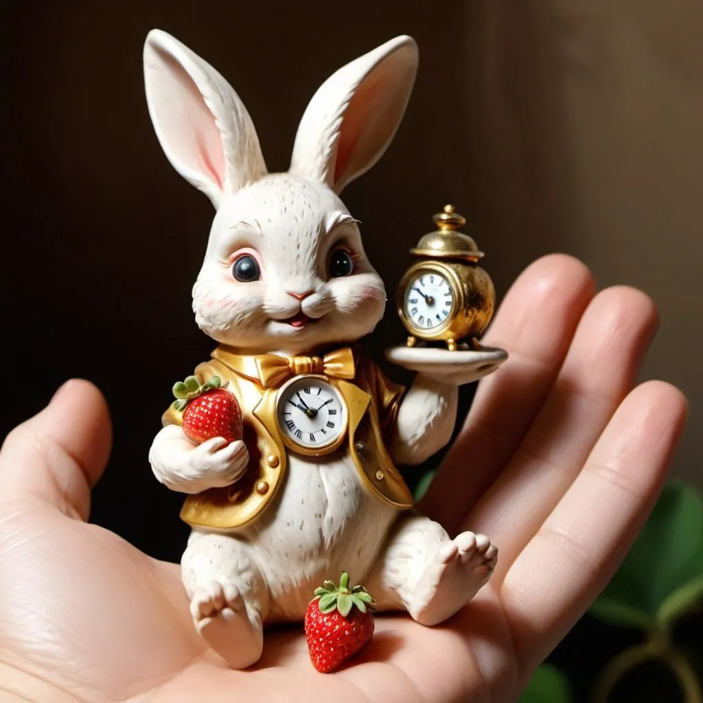 Prompt: A vintage clay figure of baby rabbit. The toy was holding a strawberry in her hand. The rabbit is furry, hair shine because sunshine . The rabbit wearing delicate diamond necklace. Alongside is a antique golden clock 