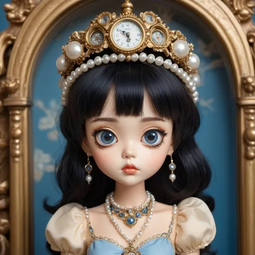 Prompt: a 90s doll. Japanese big eyes face, black hear, bangs, indifferent face, three-headed body. Dress up in Russian aesthetic, gorgeous cream-colored dress. Wearing a round blue bubble crown and necklace with diamonds and pearls. The background is a delicate gold antique clock. 