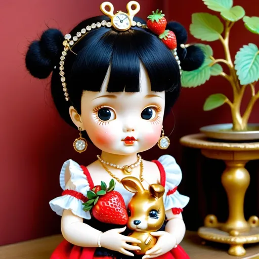 Prompt: A vintage baby doll, made by clay and gold. two-headed body. Cute. Japanese face, black bang hear, Russian style. The toy was holding a strawberry in her hand. The deer is furry, hair shining because sunshine . The rabbit wearing delicate diamond necklace. There is a big antique golden clock behind .