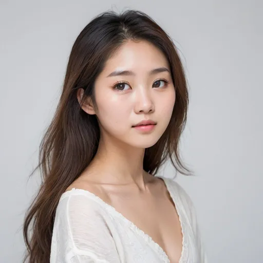 Prompt: Asian young woman, upper body, calm expression, delicate facial features, high quality, detailed, tranquil, real, white background, air feeling,sideways, eyes looking towards the front,Long hair, fluffy and elegant