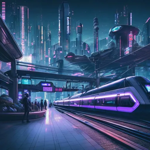 Prompt: Futuristic train station with hovering train, advanced technology, Saturn in the background, cyberpunk aesthetic, dynamic lighting, high-tech materials, sleek design, urban transportation, sci-fi, futuristic, advanced train, city lights, cyberpunk, distant planet, dynamic lighting, high-tech materials