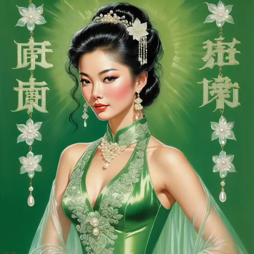 Prompt: Vintage romance novel cover illustration of a Chinese girl in shimmering sheer silk and pearls, 1980s bodice ripper, used book cover, Max Ginsburg and Elaine Gignilliat style, 'Dragon's Pet' in big green fancy embossed letters, detailed portrait, lush and reflective fabrics, romantic and soft lighting, vintage, detailed hair, professional, highres, intricate details, romantic, 1980s, glamorous, soft tones, traditional art style