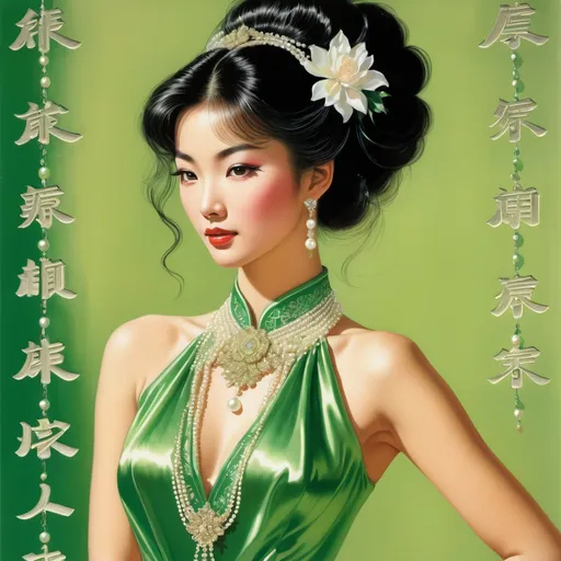 Prompt: Vintage romance novel cover illustration of a Chinese girl in shimmering sheer silk and pearls, 1980s bodice ripper, used book cover, Max Ginsburg and Elaine Gignilliat style, 'Dragon's Pet' in big green fancy embossed letters, detailed portrait, lush and reflective fabrics, romantic and soft lighting, vintage, detailed hair, professional, highres, intricate details, romantic, 1980s, glamorous, soft tones, traditional art style