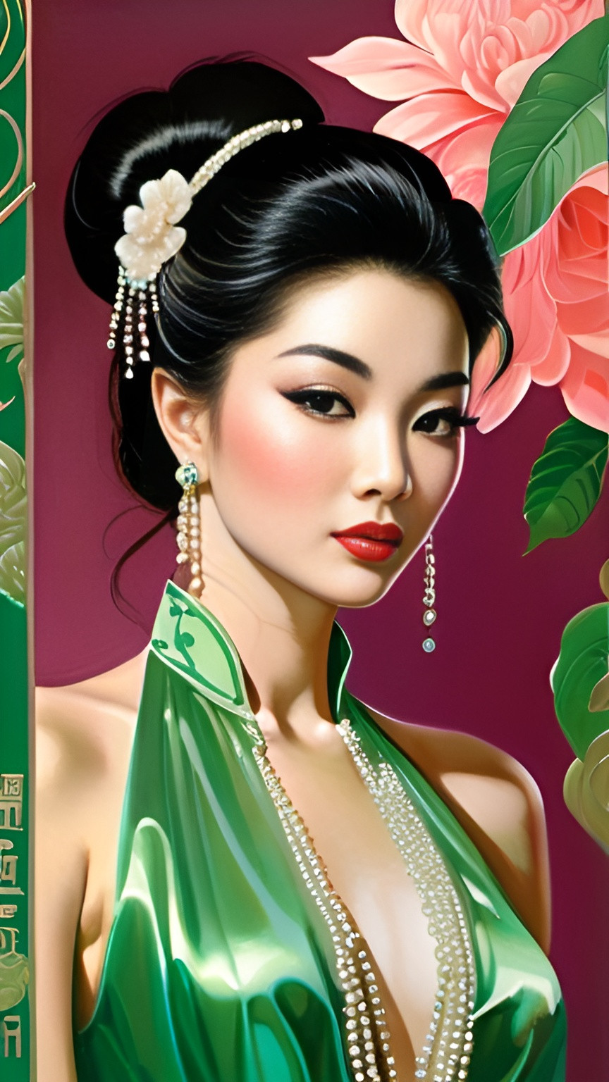 Prompt: Vintage romance novel cover illustration of a Chinese girl in shimmering sheer silk and pearls, 1980s bodice ripper, used book cover, Max Ginsburg and Elaine Gignilliat style, 'Dragon's Pet' in big green fancy embossed letters, detailed portrait, lush and reflective fabrics, romantic and soft lighting, vintage, detailed hair, professional, highres, intricate details, romantic, 1980s, glamorous, soft tones, traditional art style