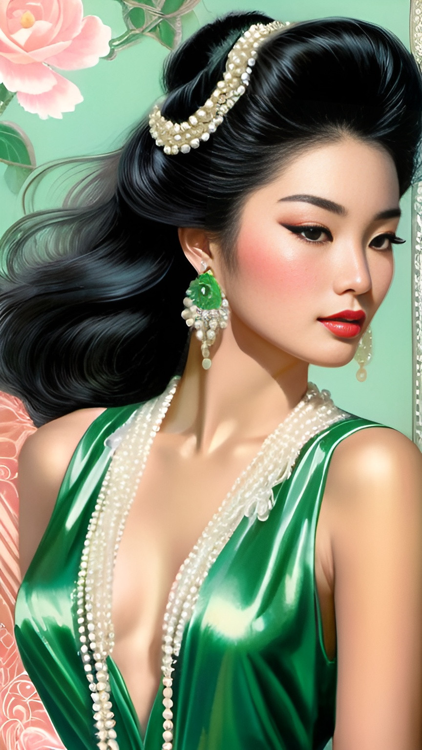 Prompt: Vintage romance novel cover illustration of a Chinese girl in shimmering sheer silk and pearls, 1980s bodice ripper, used book cover, Max Ginsburg and Elaine Gignilliat style, 'Dragon's Pet' in big green fancy embossed letters, detailed portrait, lush and reflective fabrics, romantic and soft lighting, vintage, detailed hair, professional, highres, intricate details, romantic, 1980s, glamorous, soft tones, traditional art style