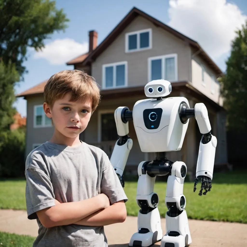 Prompt: Boy with robot and a house in the background