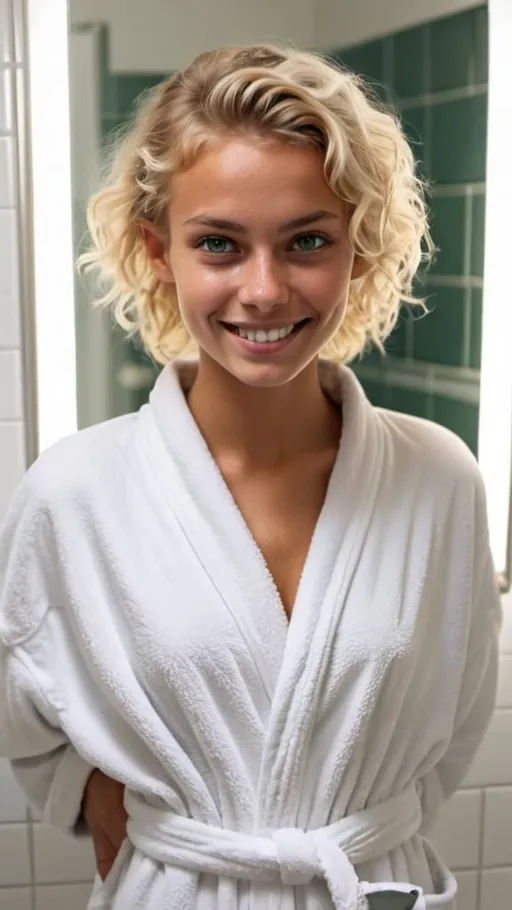 Prompt: a tanned skin of a skinny Swedish girl with dark green eyes, very short dyed blonde curled hair, smiling, standing in a luxury white bathroom, a mirror behind her. Wearing a white bathrobe. Wet hair.