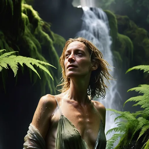 Prompt: Cécile de France, wet hair clinging to her back and shoulders. Her face is illuminated by the sunlight breaking through the mist. Her skin is dewy from the water, and her simple clothing clings to her body from the wetness. Surrounding her, lush green ferns and moss-covered rocks line the waterfall. Behind her, the imposing, jagged mountain cliffs rise high, covered with patches of greenery. Mist from the waterfall drifts through the air, catching rays of sunlight. The overall lighting should be soft, with golden sunlight filtering through the dense foliage, casting a natural glow on the scene. Water droplets should glisten as they fall around her, enhancing the hyperrealistic effect. The image should evoke a sense of peace, tranquility, and connection to nature, with the woman embracing the raw power of the waterfall