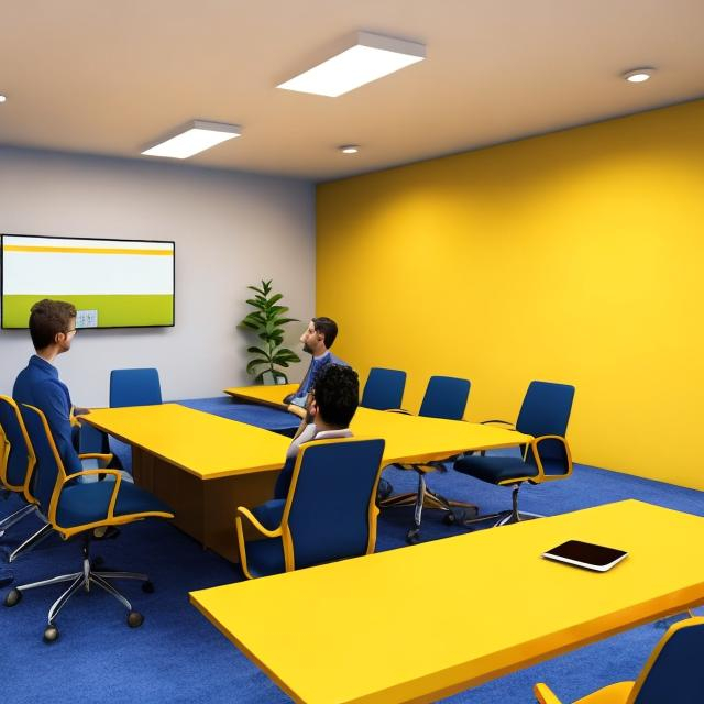 Prompt: Developer guy sitting in the meeting room. Meeting room painted by mustard yellow and blue colours. They have tv on the wall with other meeting participants joined online

