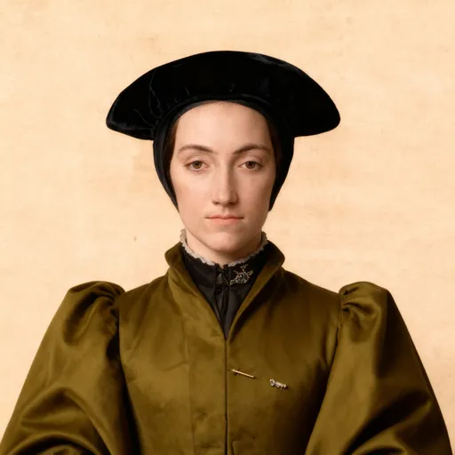 Prompt: photo realistic royal tudor woman in black velvet Tudor style hat with olive tudor style coat and pin